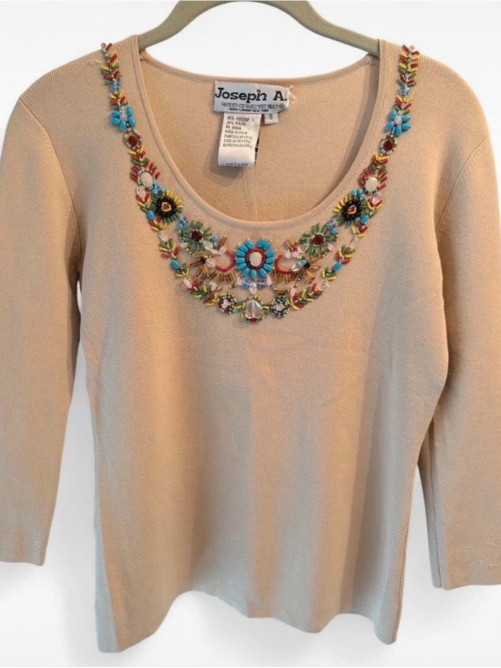 Joseph Cream NWT Long-Sleeve Scoop Neck Top with Multicolor Beaded Embellishment